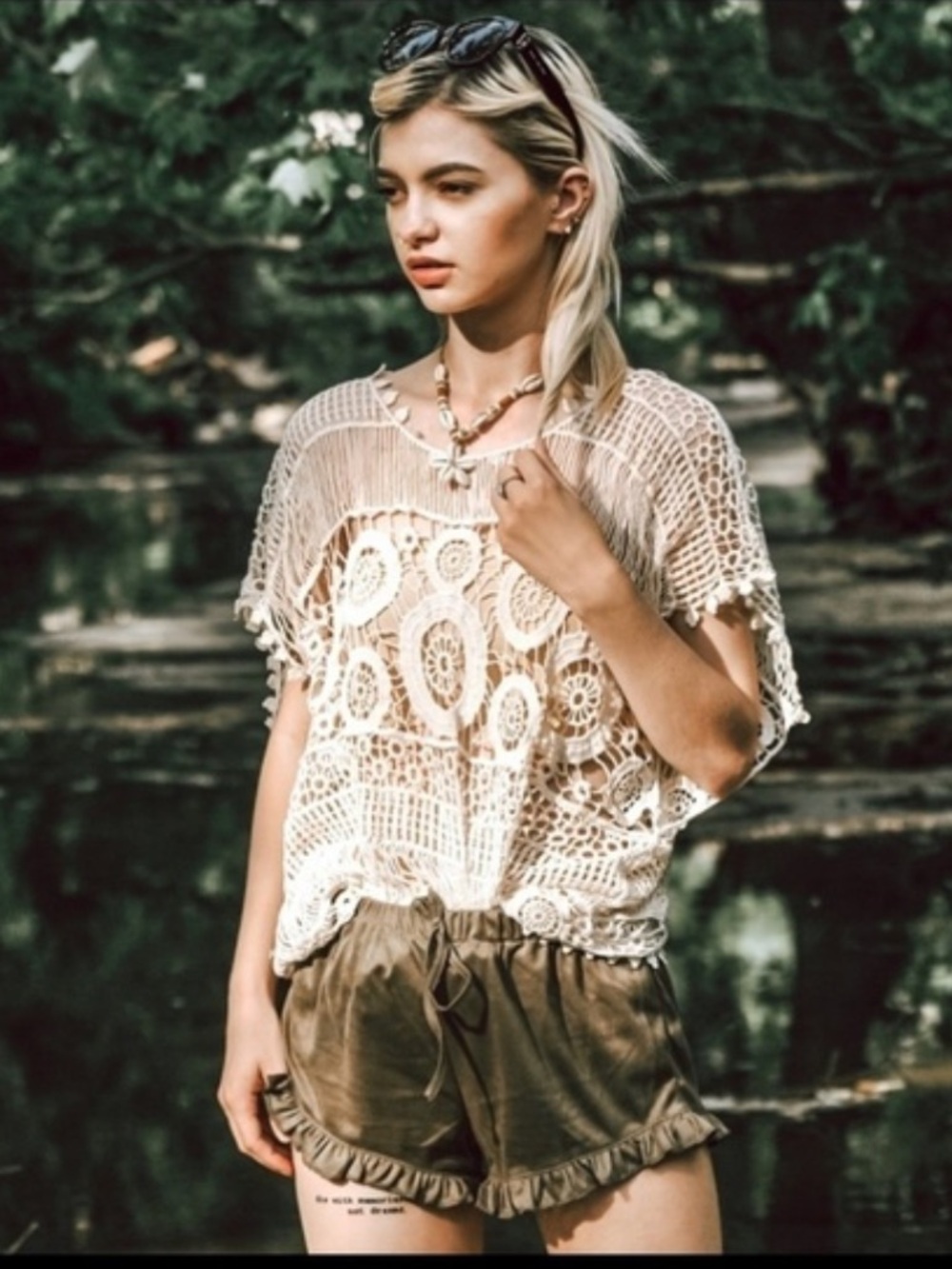 Design Works Boho Crochet Short-Sleeve Top - Cream